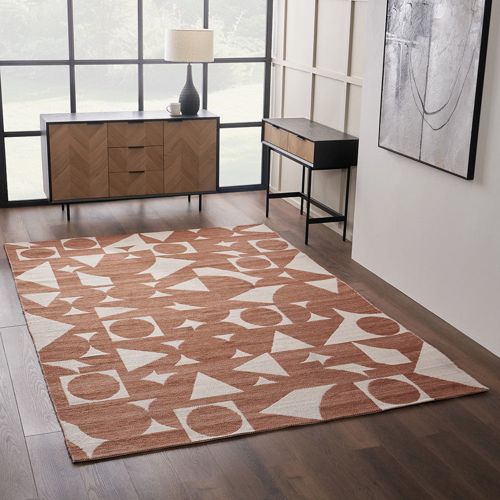 Indoor Outdoor Terracotta and Ivory Geometric Design Rug