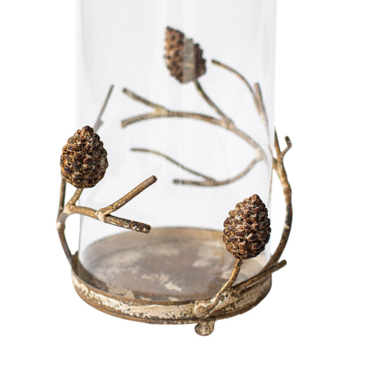 Libra Aurelle Glass Hurricane with Pinecone Branches in Rustic Gold