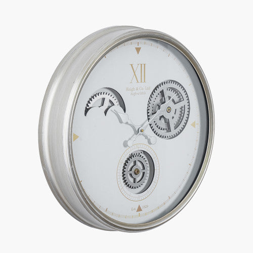 Pacific White and Silver Metal Working Cog Wall Clock