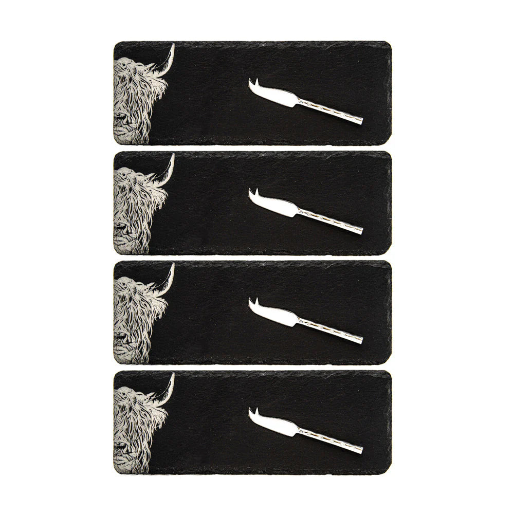 Selbrae House Highland Cow Mini Slate Cheese Board & Knife Sets (Set of 4)