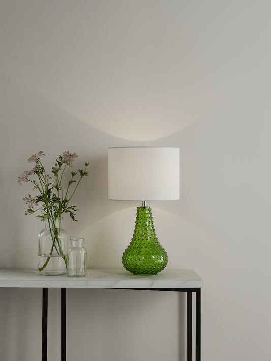 Green Glass Table Lamp - Dar Kristina Vintage Hobnail with White Shade