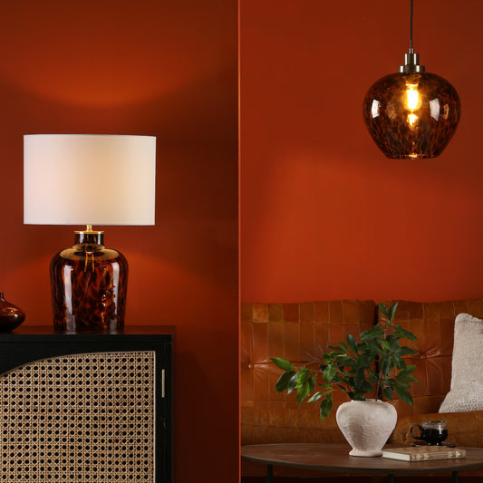 Dar Leandra Dual Light Table Lamp Tortoiseshell Glass With Shade