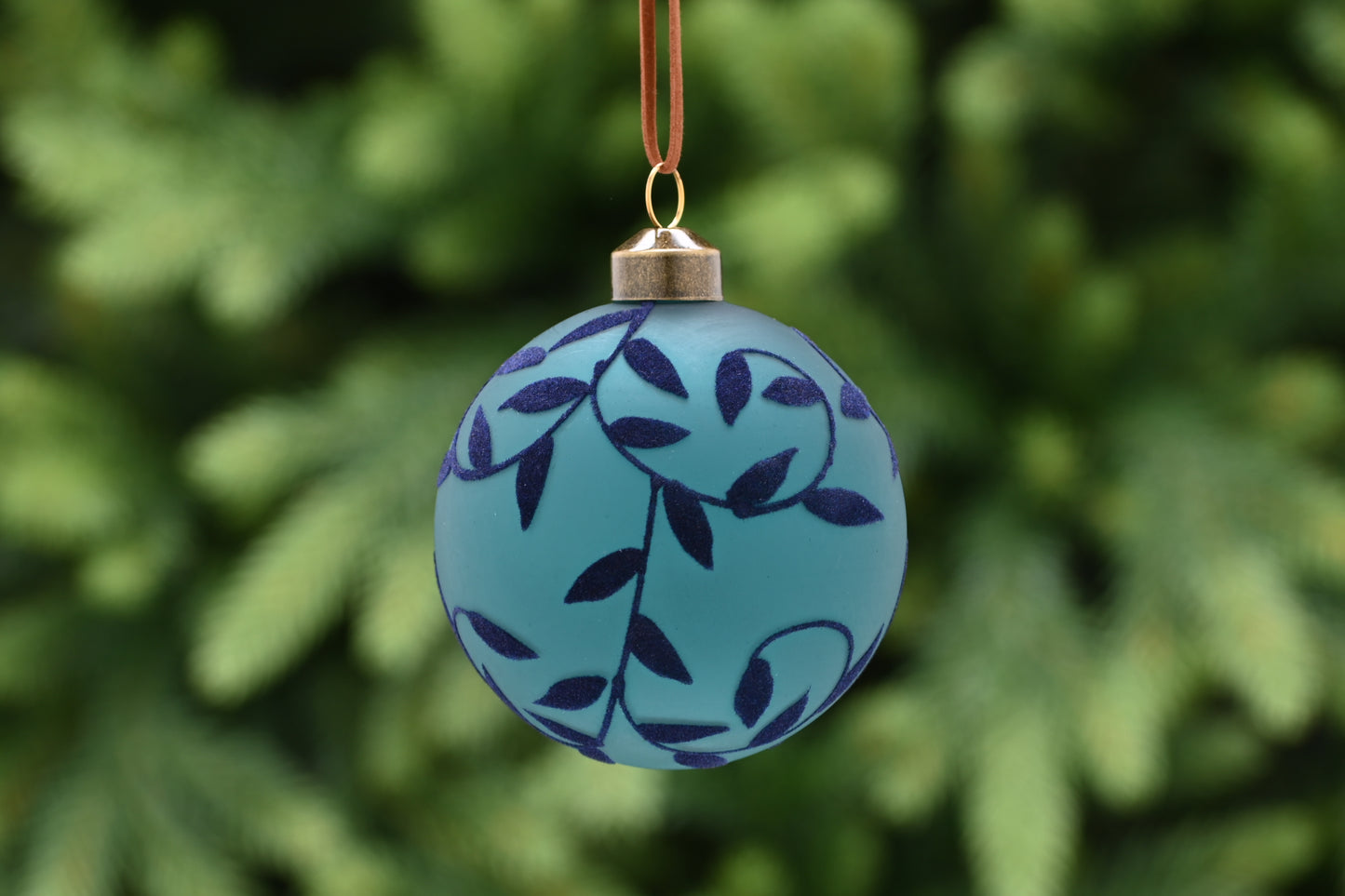Festive Green Glass with Flock Leaves Bauble