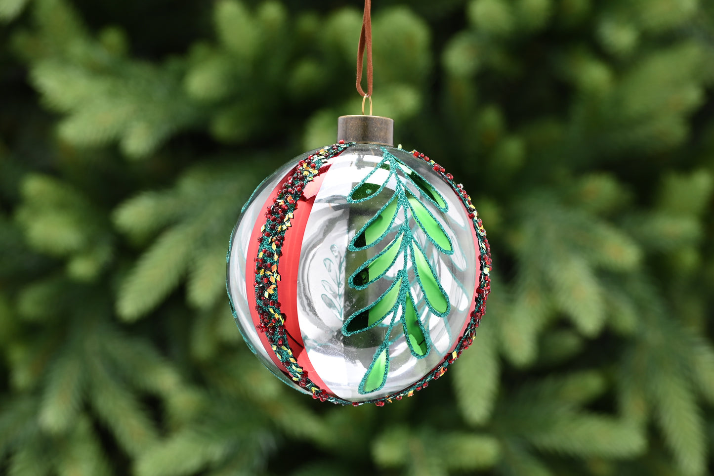 Festive Clear Glass with Green Leaves and Red Stripes Bauble