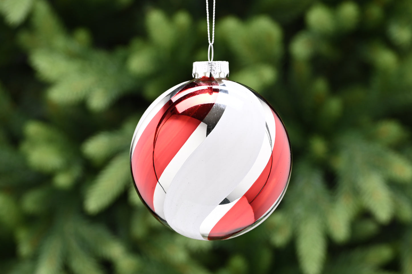 Festive Silver Glass with Thick Red/White Stripes Bauble
