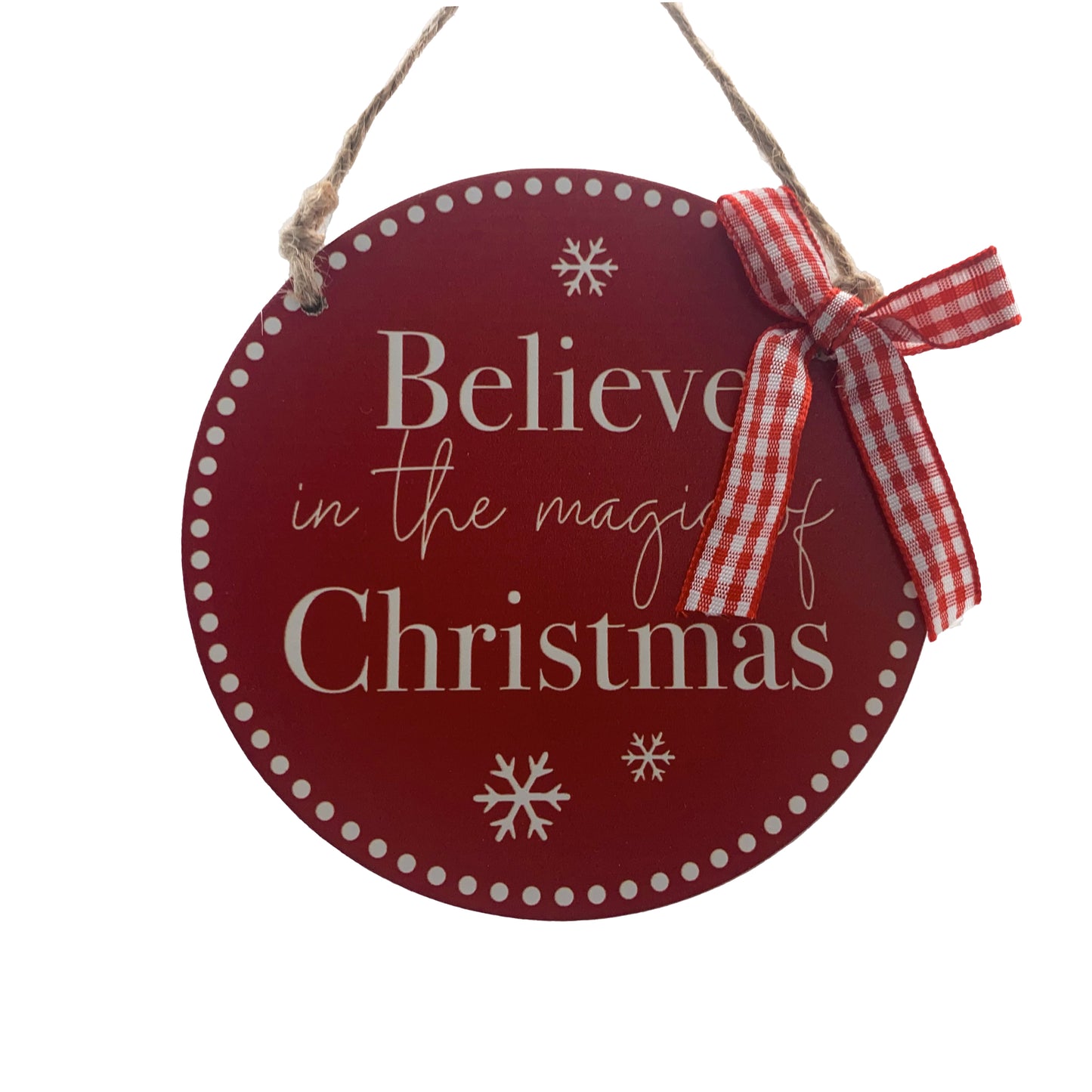 Festive Wooden Red/White BELIEVE CHRSITMAS Disc Tree Decoration