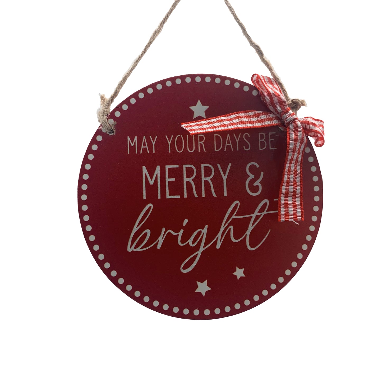 Festive Wooden Red/White MERRY BRIGHT Disc Tree Decoration