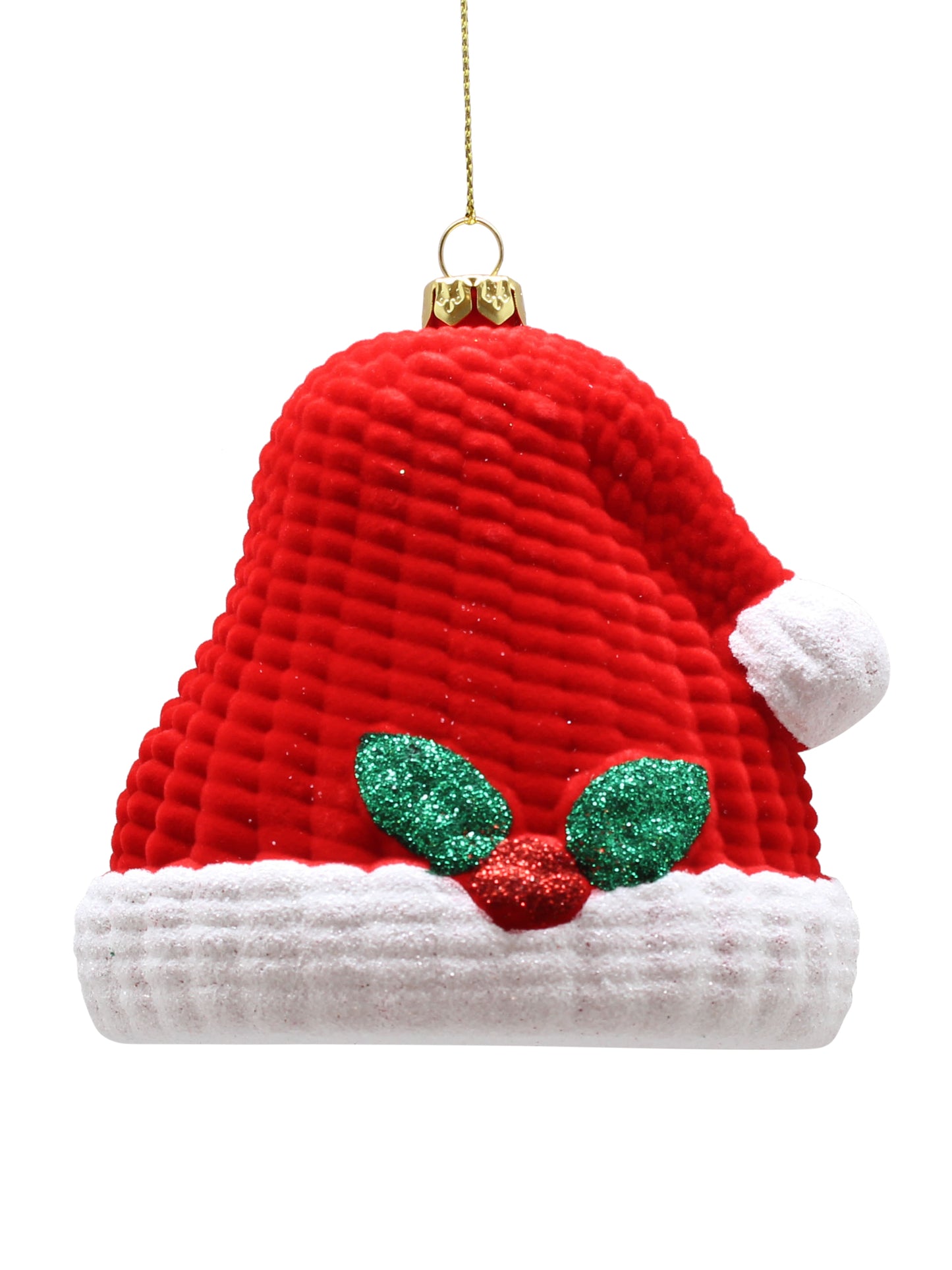 Festive Red Flocked Santa Hat with Green Holly Tree Decoration