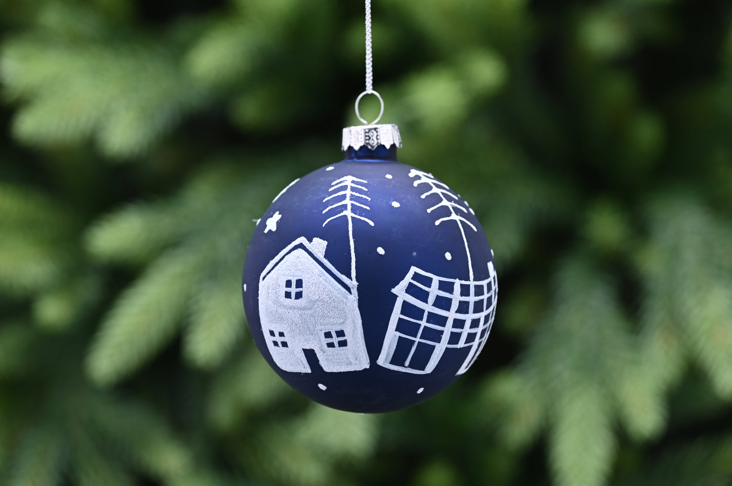 Festive Matt Midnight Blue Glass with White House Bauble
