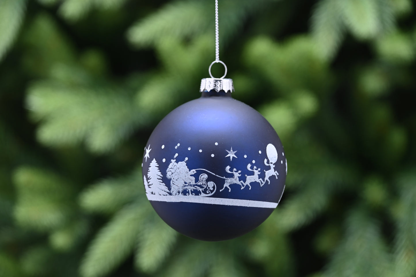 Festive Matt Midnight Blue Forest Scene Glass Bauble
