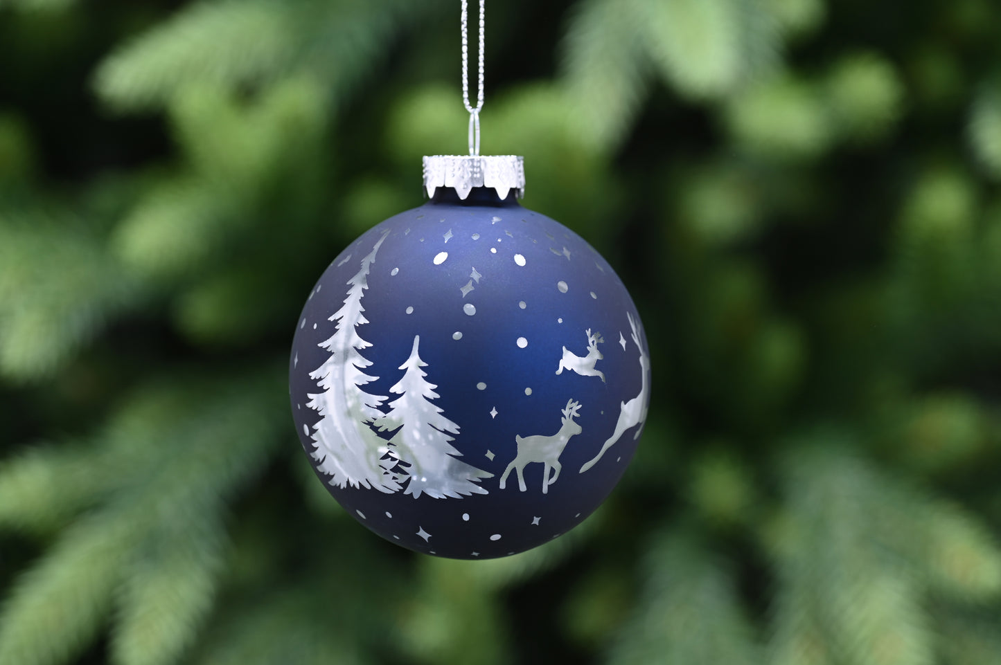 Festive Midnight Blue Silver Reindeer Scene Bauble