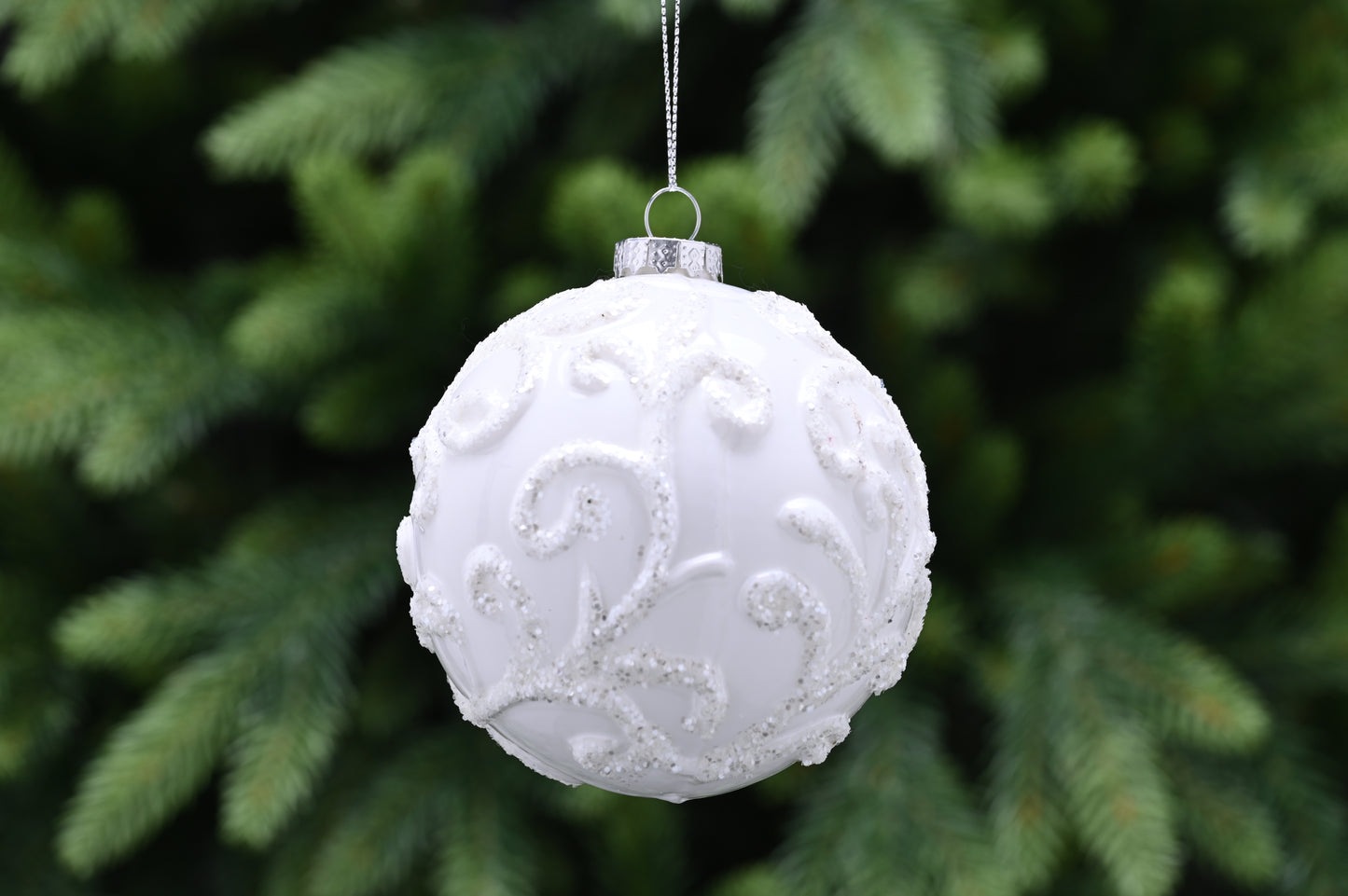 Festive White Glass Glitter Scroll Bauble
