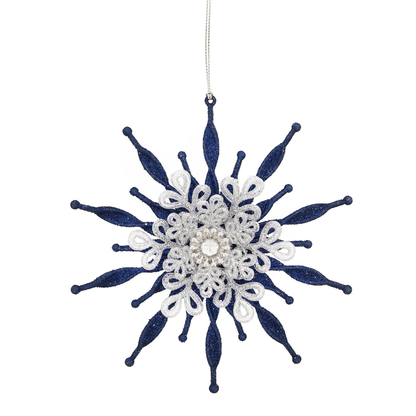 Festive Hanging Dark Blue/Silver Glitter Snowflake Tree Decoration