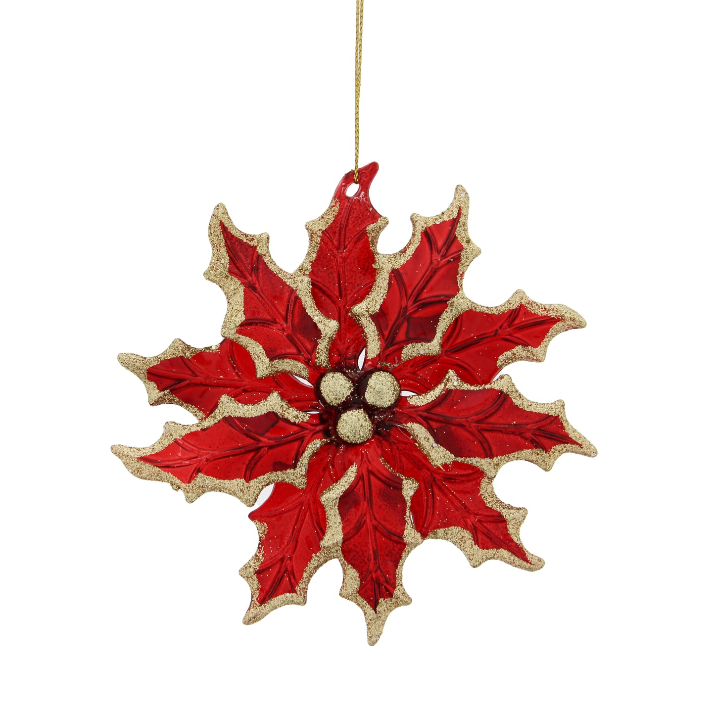 Festive Hanging Red/Gold Glitter Holly Leaves Tree Decoration