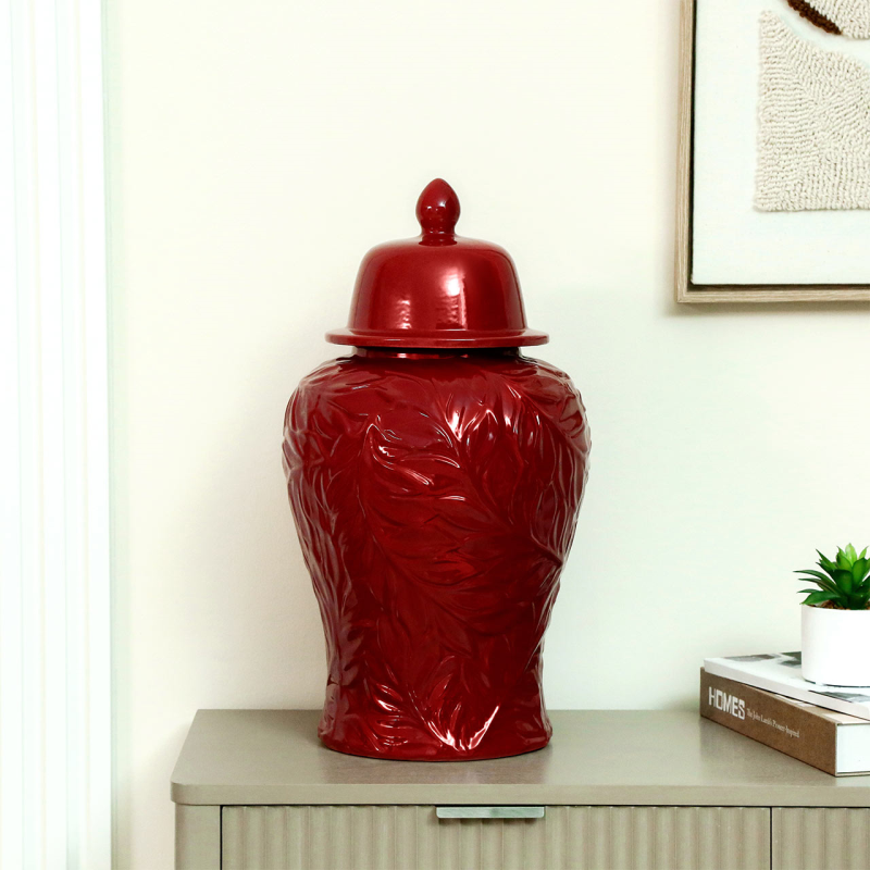Handmade Red Carved Ceramic Ginger Jar