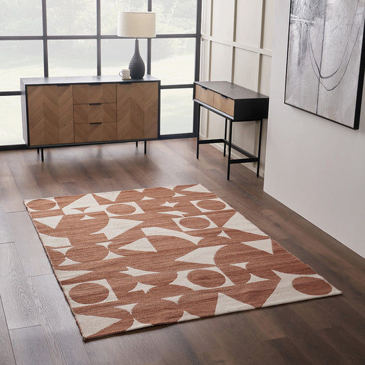 Indoor Outdoor Terracotta and Ivory Geometric Design Rug
