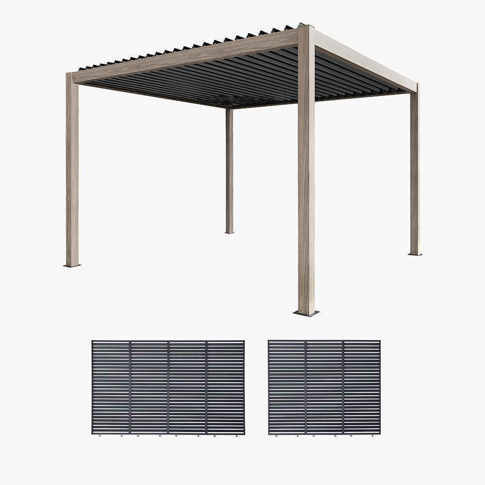 Pavillo Teak 3.5m x 3.5m Pergola with Pavillo Louvre Long Front/Back Panel and Short Side Panel