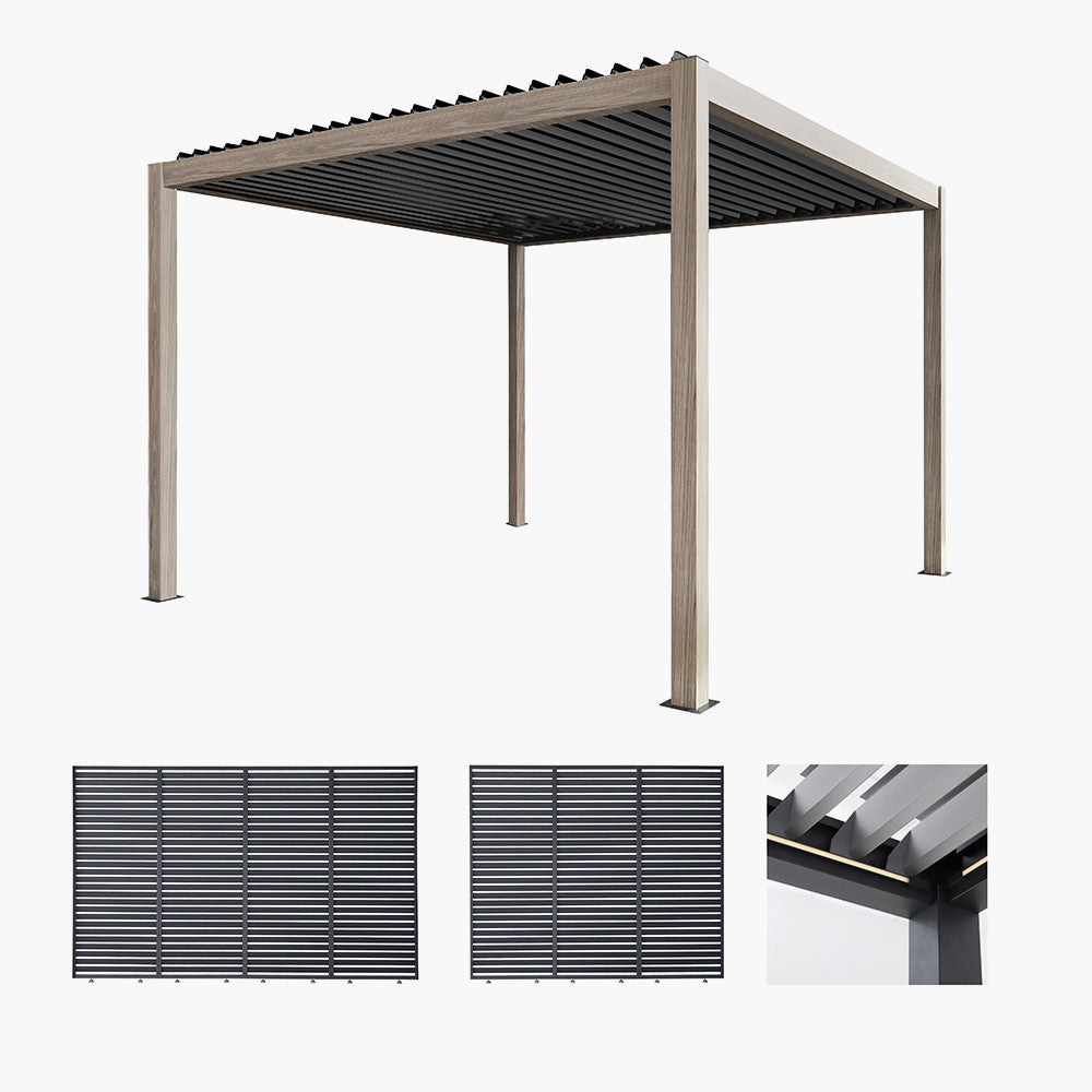 Pavillo Teak 3.5m x 3.5m Pergola with Pavillo Louvre Long Front/Back Panel, Pavillo Louvre Short Side Panel and Pavillo LED