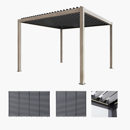 Pavillo Teak 3.5m x 3.5m Pergola with Pavillo Louvre Long Front/Back Panel, Pavillo Louvre Short Side Panel and Pavillo LED