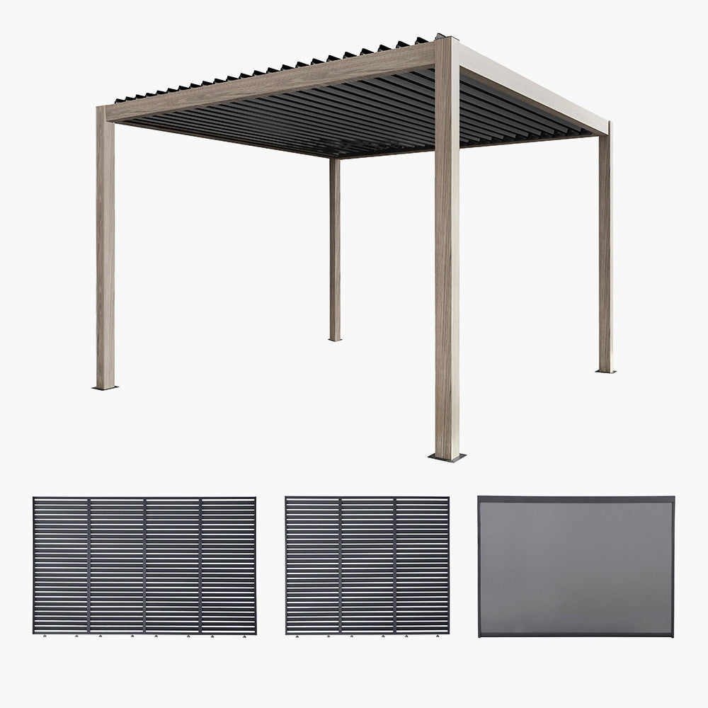 Pavillo Teak 3.5m x 3.5m Pergola with Pavillo Louvre Long Front/Back Panel, Pavillo Louvre Short Side Panel and Pavillo Short Side Blind