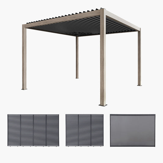 Pavillo Teak 3.5m x 3.5m Pergola with Pavillo Louvre Long Front/Back Panel, Pavillo Louvre Short Side Panel and Pavillo Short Side Blind