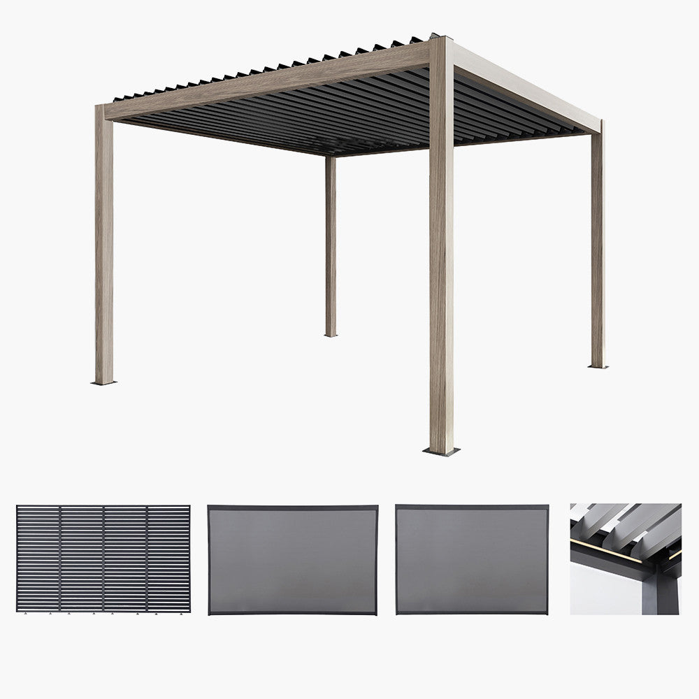 Pavillo Teak 3.5m x 3.5m Pergola with Pavillo Louvre Long Front/Back Panel, Pavillo Long Front/Back Blind, Pavillo Short Side Blind and Pavillo LED