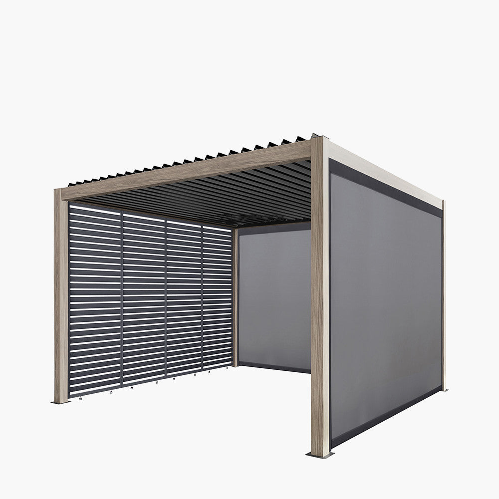 Pavillo Teak 3.5m x 3.5m Pergola with Pavillo Louvre Long Front/Back Panel, Pavillo Long Front/Back Blind, Pavillo Short Side Blind and Pavillo LED