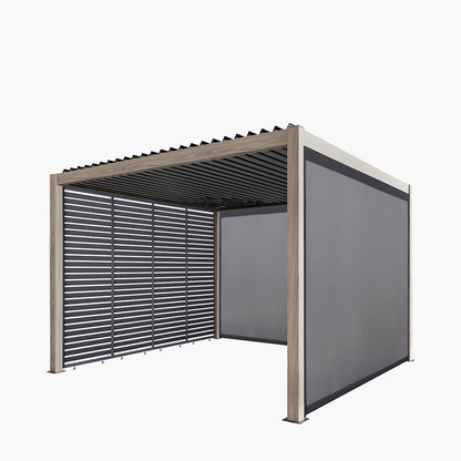 Pavillo Teak 3.5m x 3.5m Pergola with Pavillo Louvre Long Front/Back Panel, Pavillo Long Front/Back Blind, Pavillo Short Side Blind and Pavillo LED