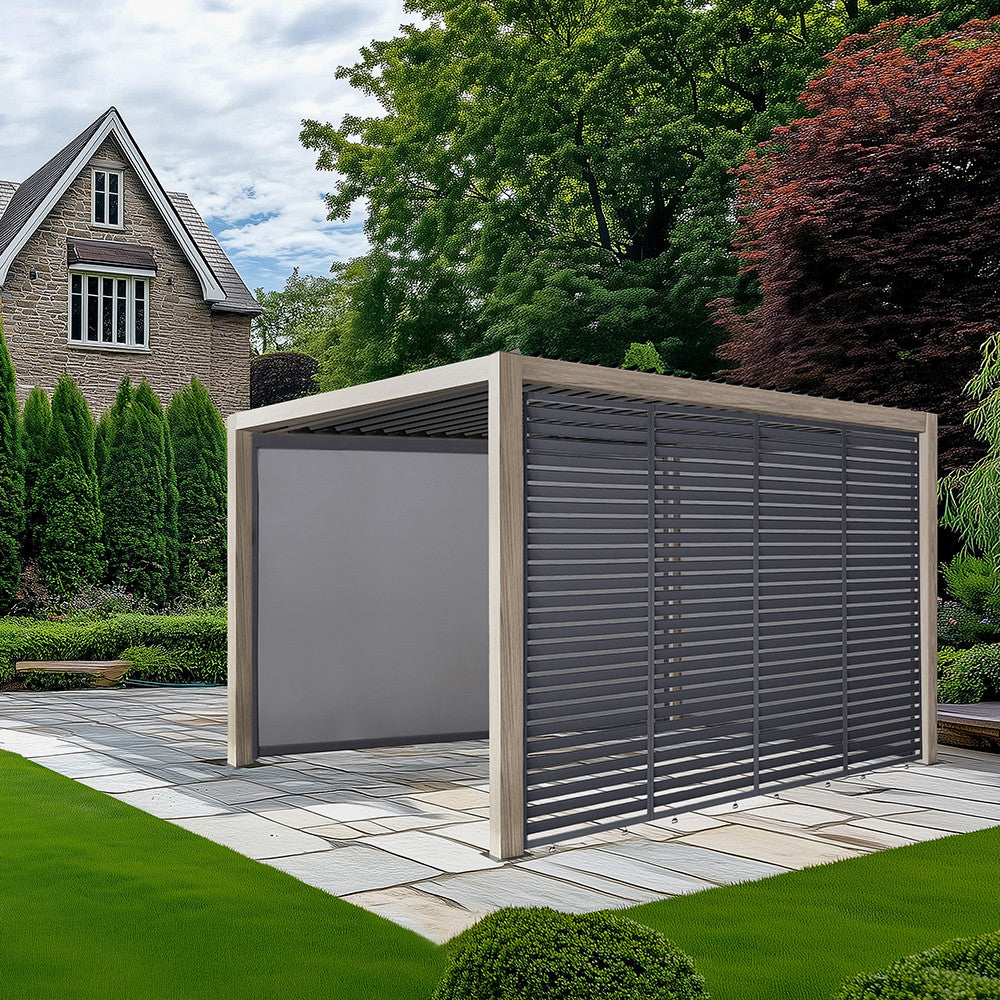 Pavillo Teak 3.5m x 3.5m Pergola with Pavillo Louvre Long Front/Back Panel, Pavillo Long Front/Back Blind, Pavillo Short Side Blind and Pavillo LED