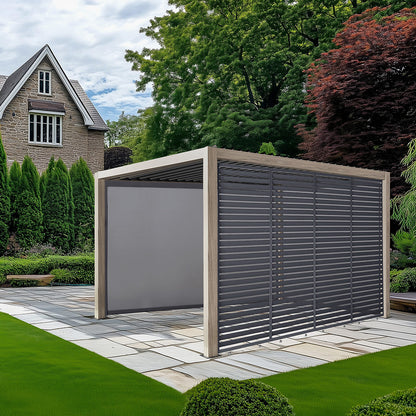 Pavillo Teak 3.5m x 3.5m Pergola with Pavillo Louvre Long Front/Back Panel, Pavillo Long Front/Back Blind, Pavillo Short Side Blind and Pavillo LED
