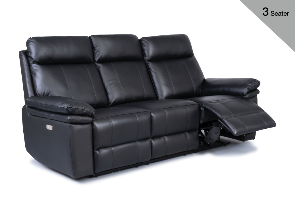 Horizon 3 Seater Electric Reclining Leather Suite in Black (Dual Motor)