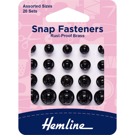 Hemline Snap Fasteners Rust-Proof Brass Assorted Sizes Black 20 Sets