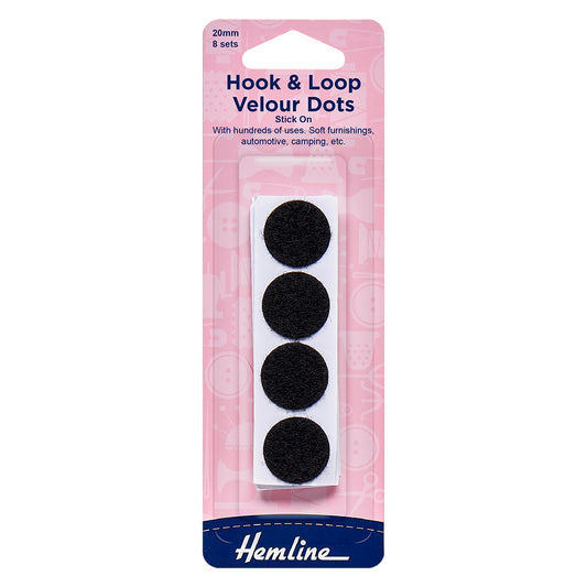Hemline Hook & Loop Velour Dots Stick On 20mm / 3/4″ Black 8 sets