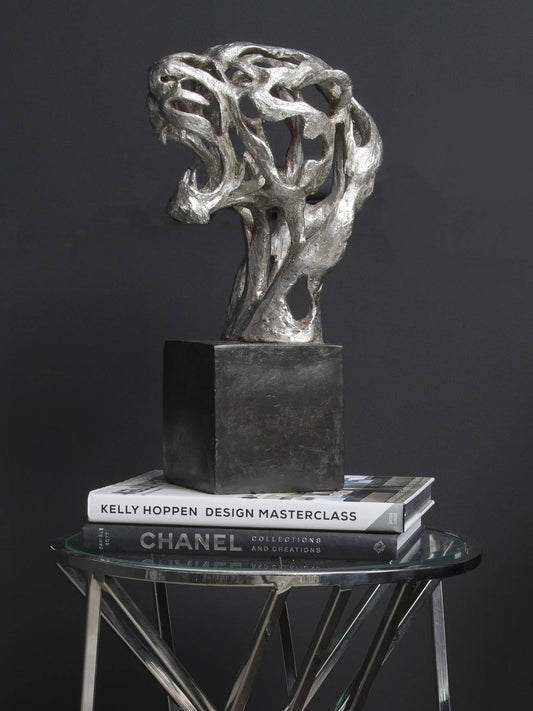 Libra Addo Abstract Tiger Head Sculpture in Silver Resin