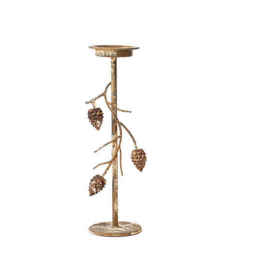 Libra Aurelle Candle Holder with Pinecone Branches Rustic Gold Large