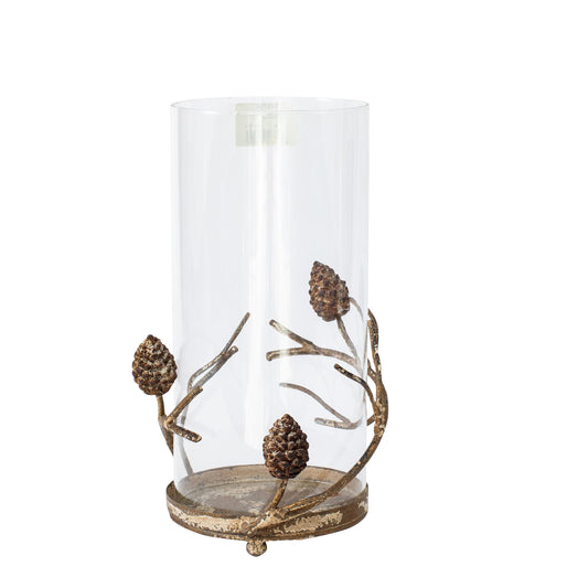 Libra Aurelle Glass Hurricane with Pinecone Branches in Rustic Gold