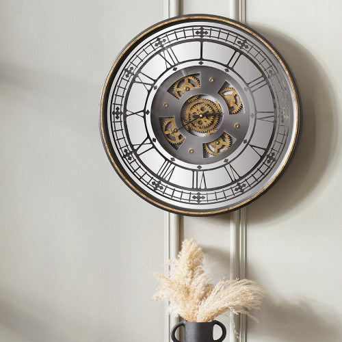 Pacific Antique Gold Wood and Mirror Working Cog Round Wall Clock