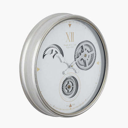 Pacific White and Silver Metal Working Cog Wall Clock