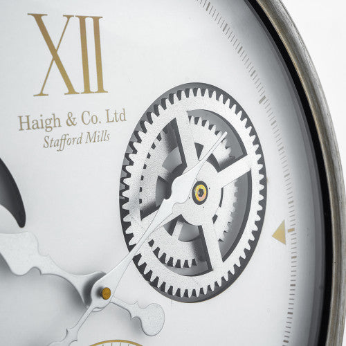 Pacific White and Silver Metal Working Cog Wall Clock