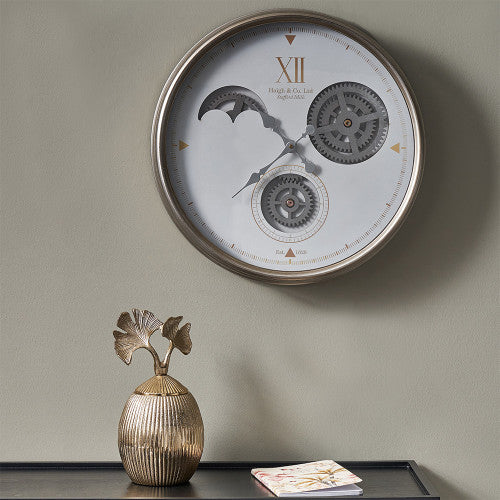 Pacific White and Silver Metal Working Cog Wall Clock