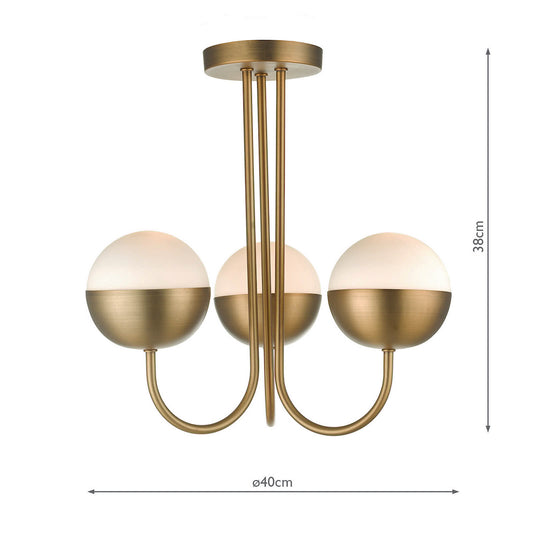 Dar Andre 3 Light Semi Flush Aged Brass Opal Glass