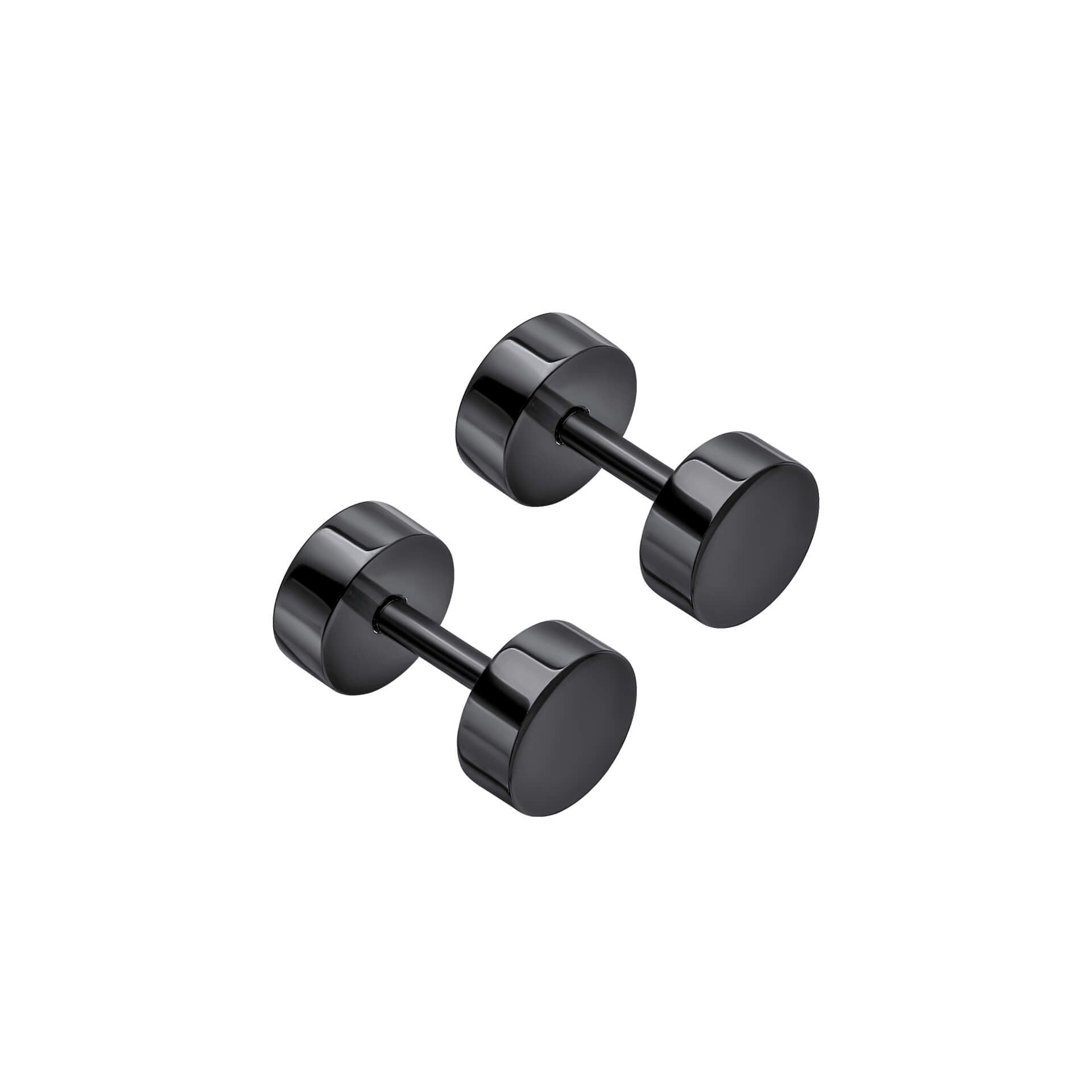 Pair of black stud earrings on a white background