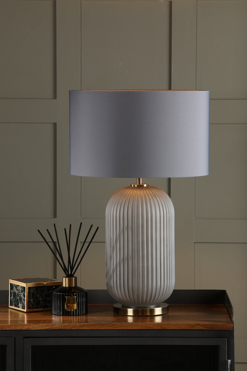 Dar Helicon Table Lamp Grey Ribbed Glass and Antique Brass With Shade