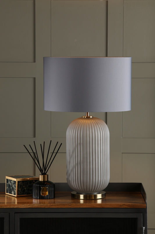Dar Helicon Table Lamp Grey Ribbed Glass and Antique Brass With Shade