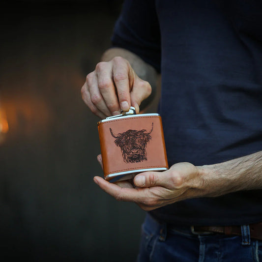 Selbrae House Highland Cow Leather Hip Flask