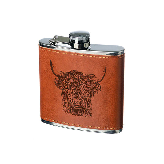 Selbrae House Highland Cow Leather Hip Flask