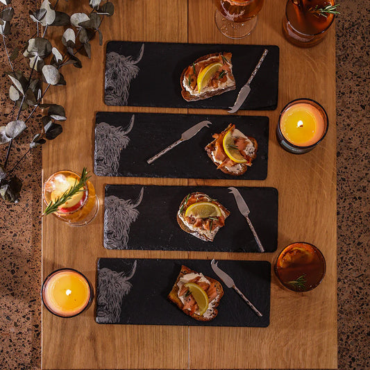 Selbrae House Highland Cow Mini Slate Cheese Board & Knife Sets (Set of 4)