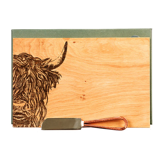 Selbrae House Highland Cow Oak Cheese Board & Knife Set