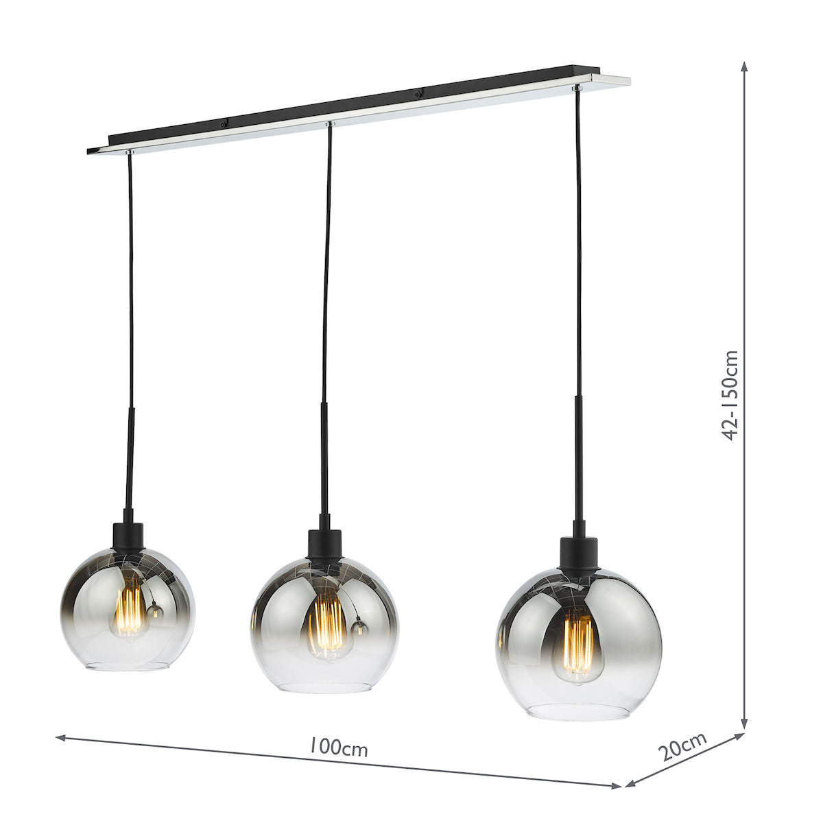 Dar Lycia 3 Light Bar Pendant Matt Black Ombre Smoked Glass