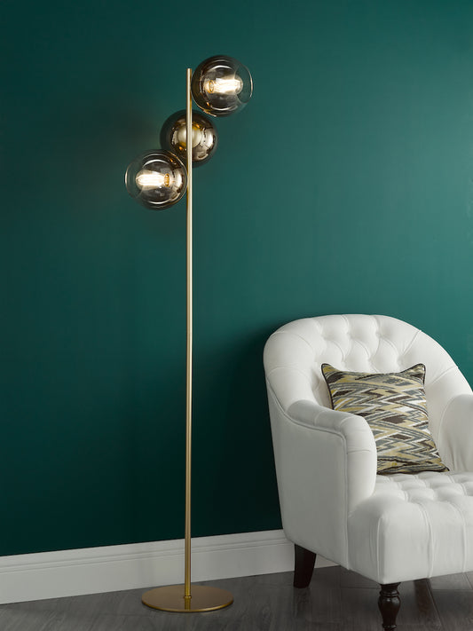 Dar Lycia 3 Light Floor Lamp Satin Gold and Gold Ombre Glass